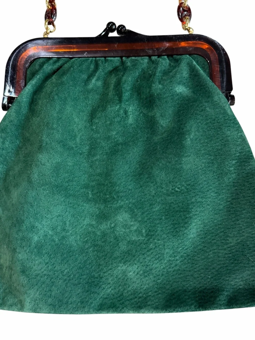 Vintage Green Suede Purse Tortoise Lucite Frame Bag Gold Chain Shoulder Italian